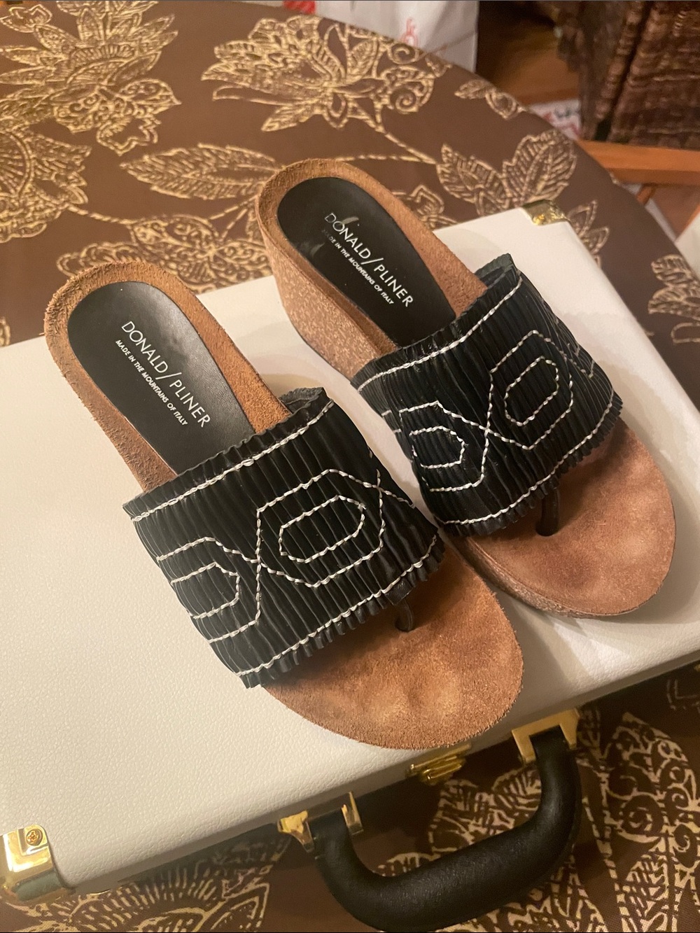 Donald J. Pliner Black and White Embroidered Cork Wedge Mules